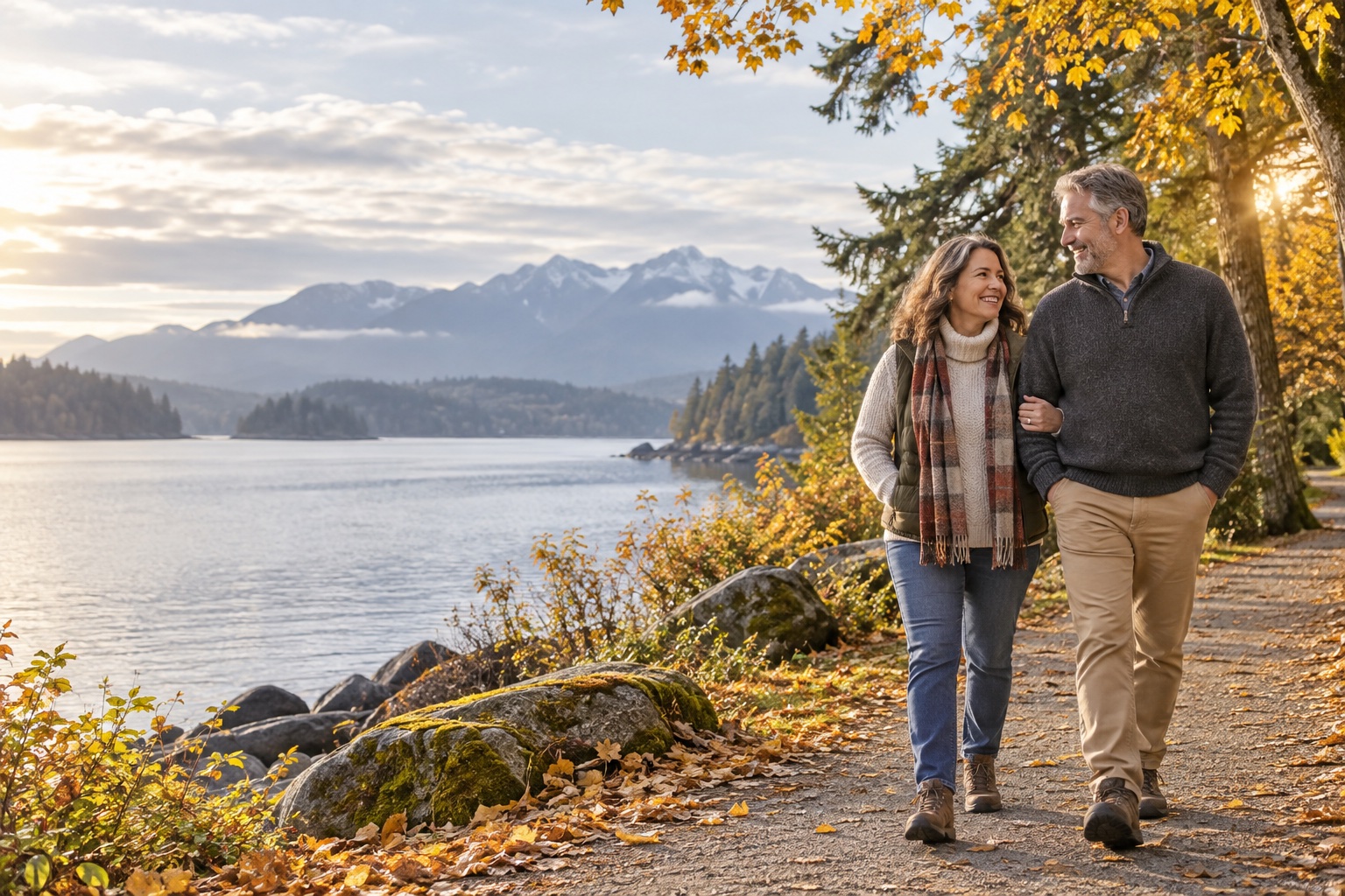 Couple enjoying an autumn walk beside a mountain lake